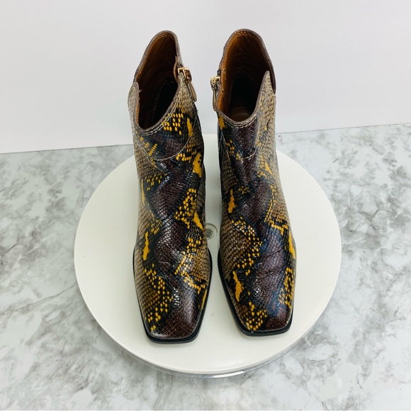 Franco Sarto Leather Ankle Boots 6.5 Lizzard Brown Yellow Zip Block Heel Square - Picture 3 of 7